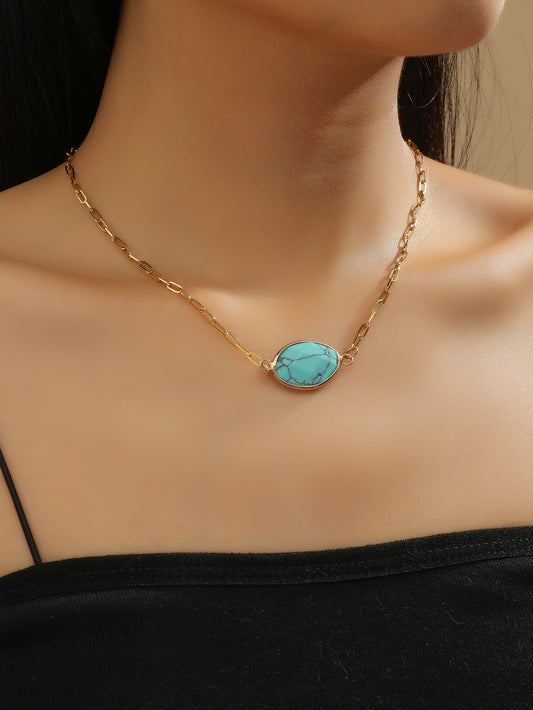 Oval Blue Turquoise Gemstone Gold Tone Pendant Necklace