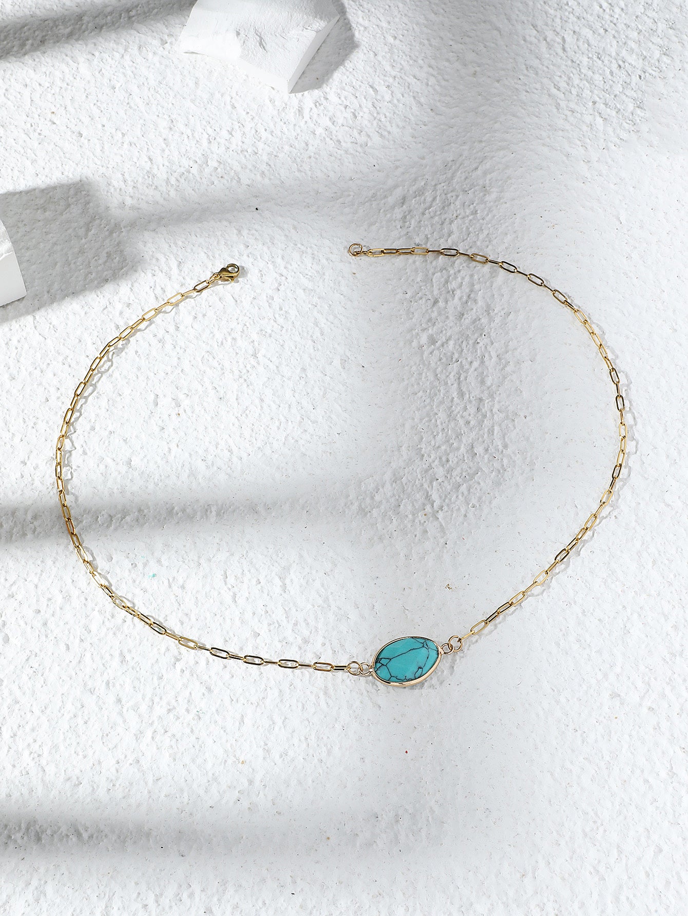 Oval Blue Turquoise Gemstone Gold Tone Pendant Necklace