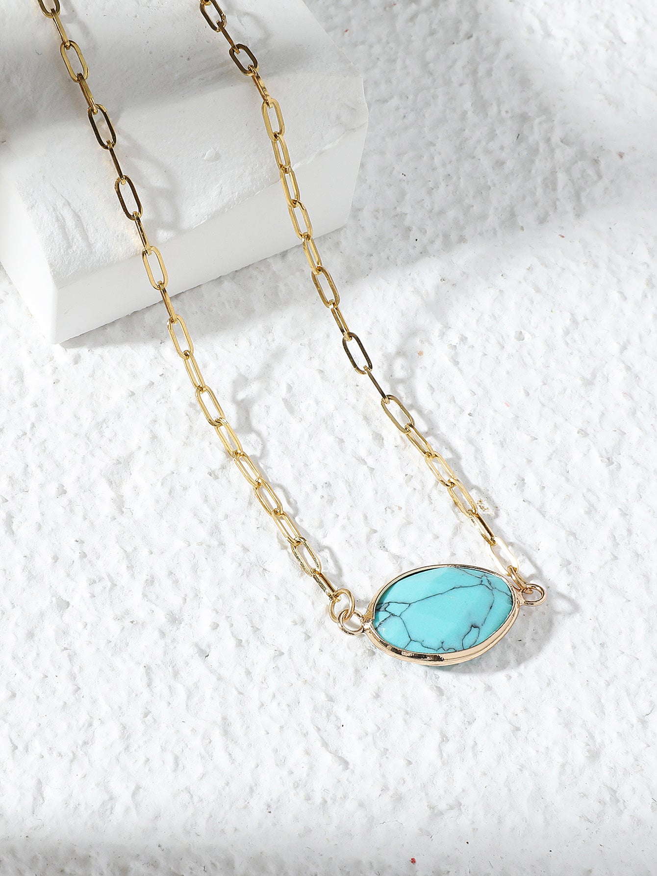 Oval Blue Turquoise Gemstone Gold Tone Pendant Necklace