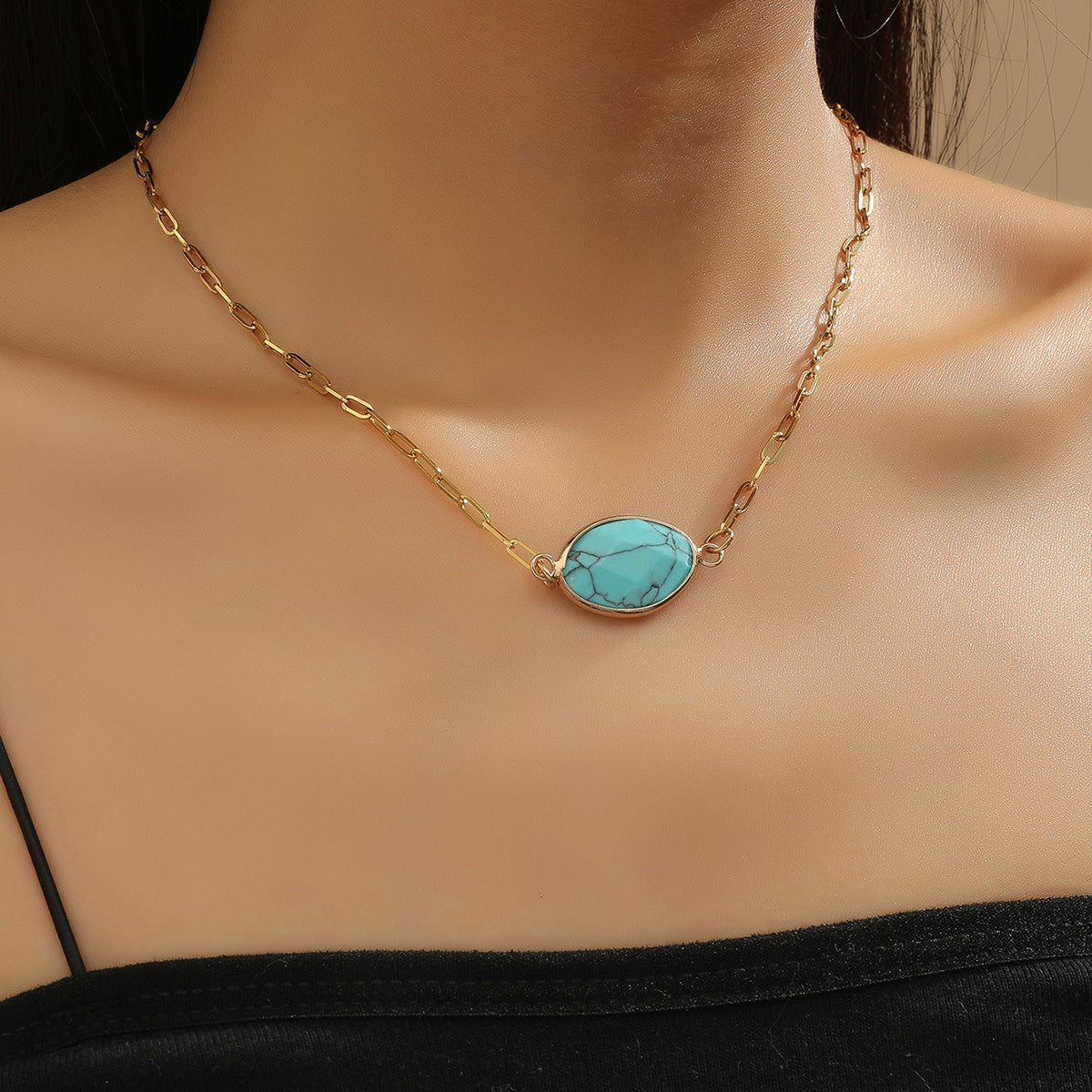 Oval Blue Turquoise Gemstone Gold Tone Pendant Necklace