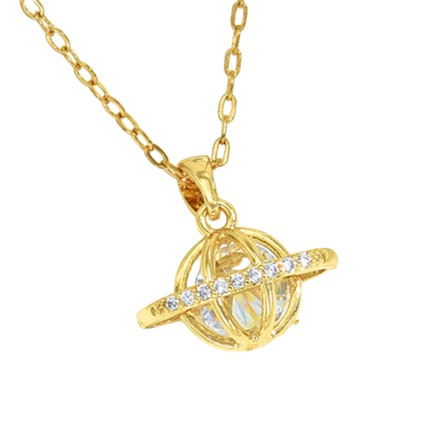 Planet Hollow Zircon Crystals Gold Tone Pendant Necklace