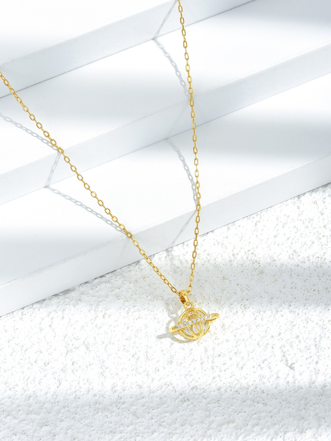 Planet Hollow Zircon Crystals Gold Tone Pendant Necklace
