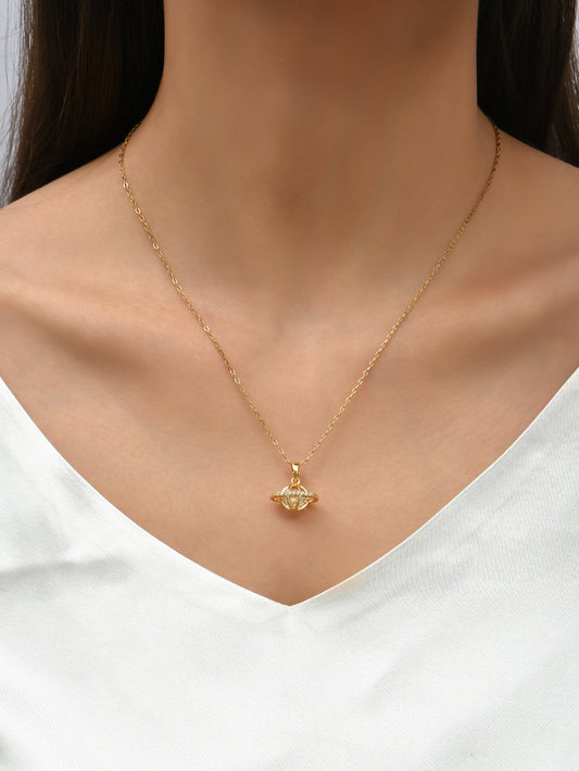 Planet Hollow Zircon Crystals Gold Tone Pendant Necklace