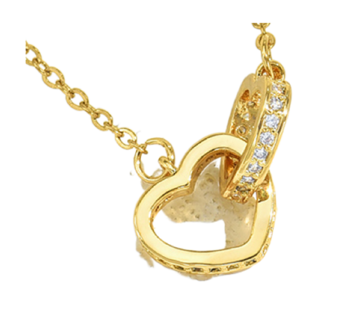 Linked Double Love Heart Zircon Crystals Gold Tone Pendant Necklace