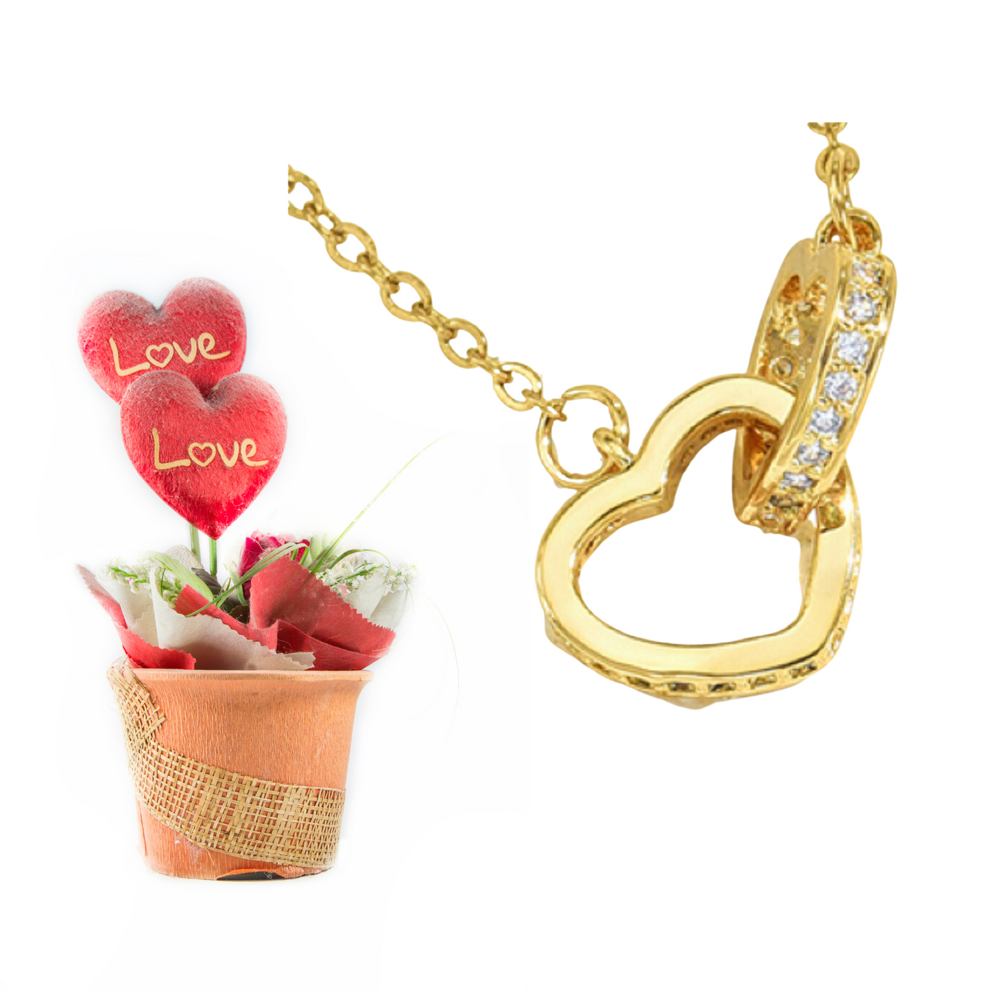Linked Double Love Heart Zircon Crystals Gold Tone Pendant Necklace