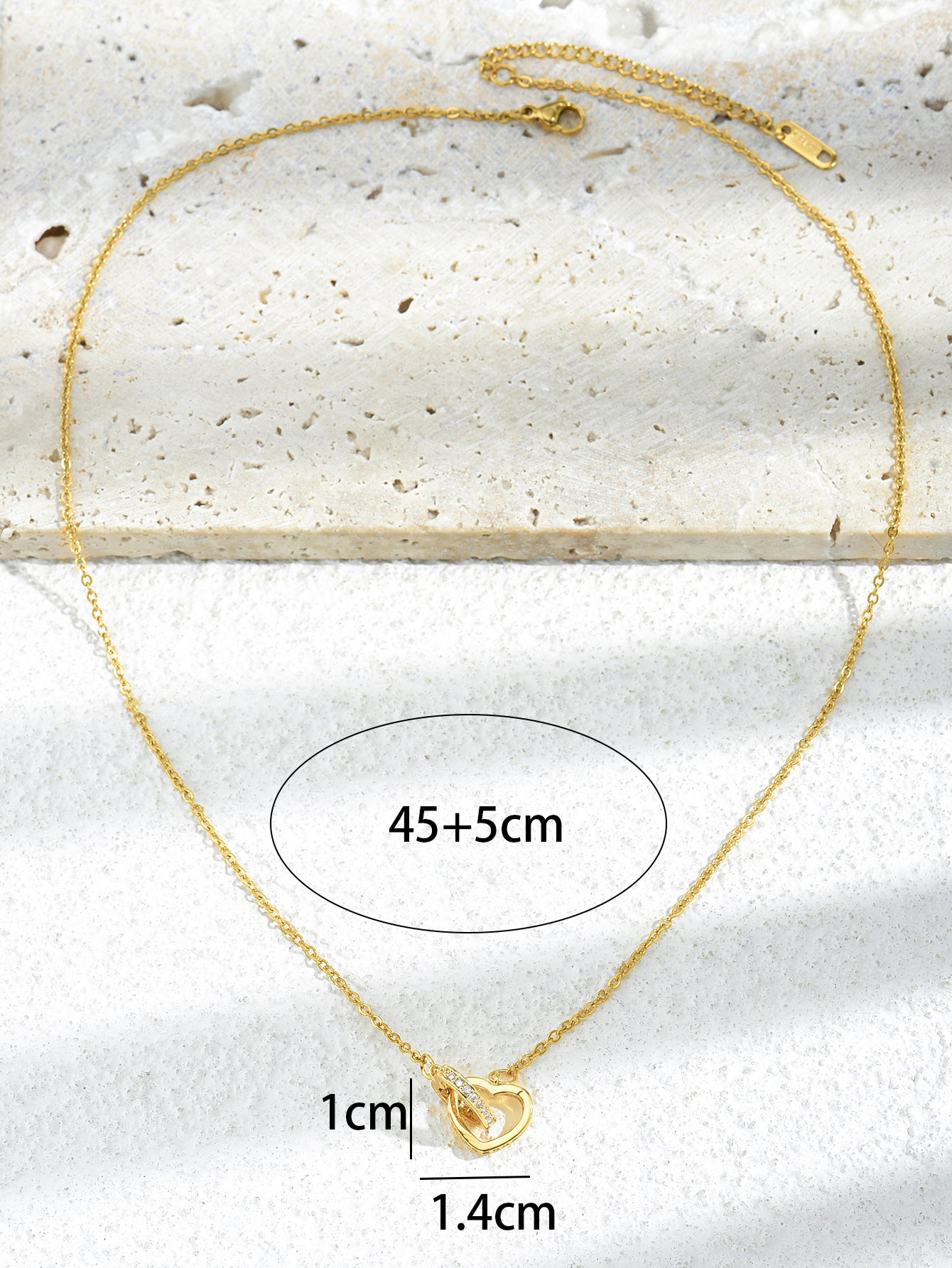 Linked Double Love Heart Zircon Crystals Gold Tone Pendant Necklace
