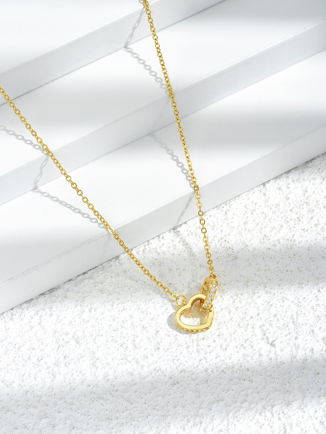 Linked Double Love Heart Zircon Crystals Gold Tone Pendant Necklace