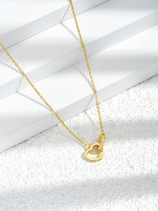 Linked Double Love Heart Zircon Crystals Gold Tone Pendant Necklace