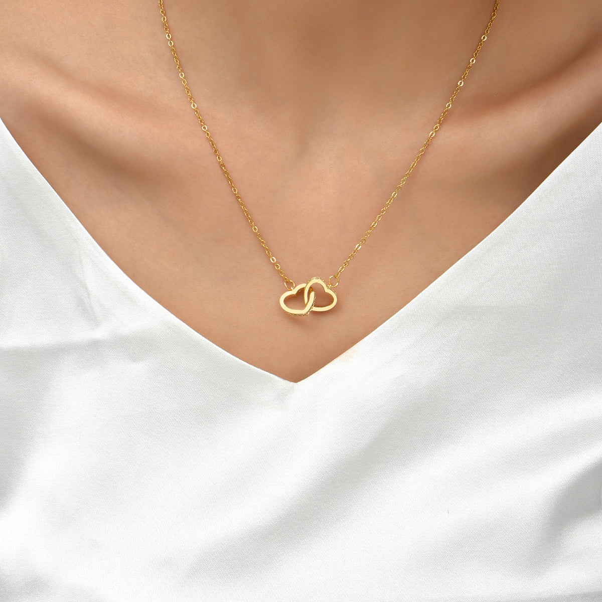 Linked Double Love Heart Zircon Crystals Gold Tone Pendant Necklace