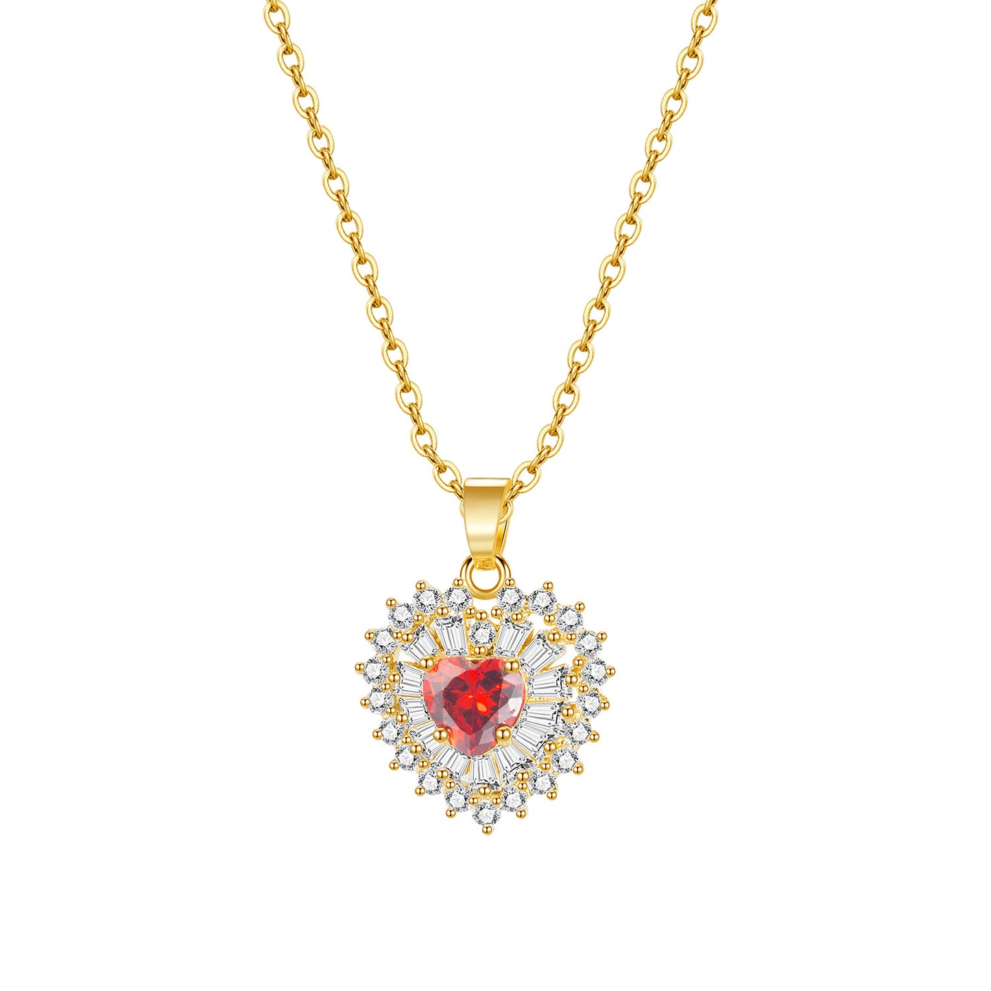 Red Ruby Zircon Crystals Love Heart Shaped Gold Tone Pendant Necklace
