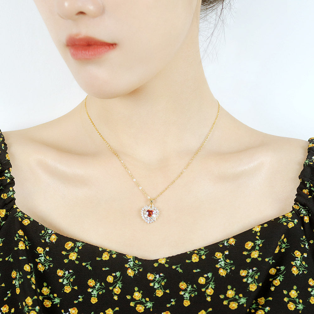 Red Ruby Zircon Crystals Love Heart Shaped Gold Tone Pendant Necklace