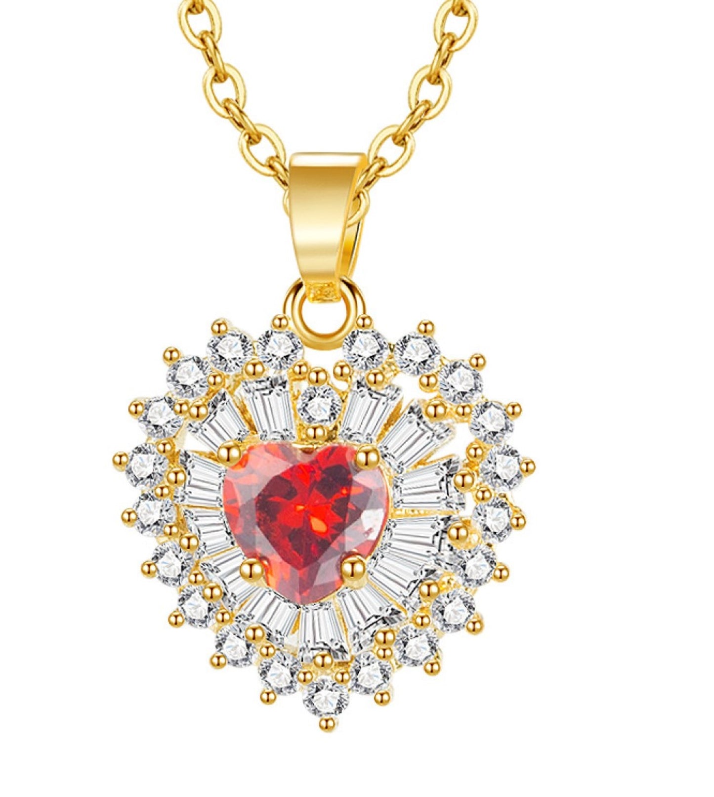 Red Ruby Zircon Crystals Love Heart Shaped Gold Tone Pendant Necklace