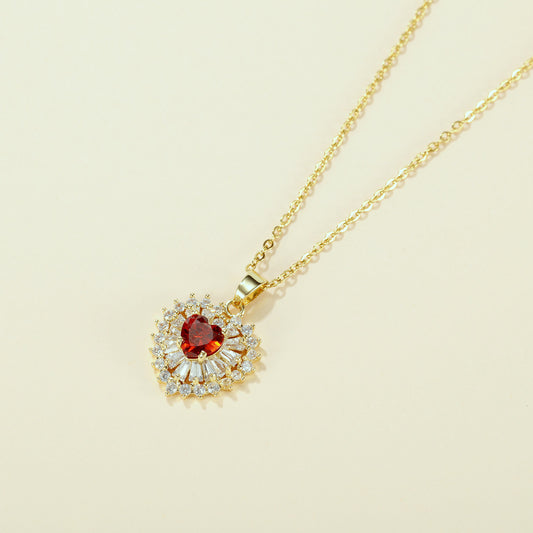 Red Ruby Zircon Crystals Love Heart Shaped Gold Tone Pendant Necklace