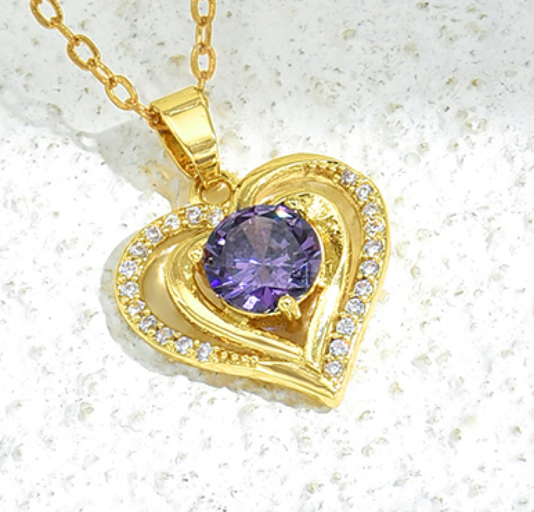 Heart-shaped Amethyst Zircon Crystals Gold Tone Pendant Necklace
