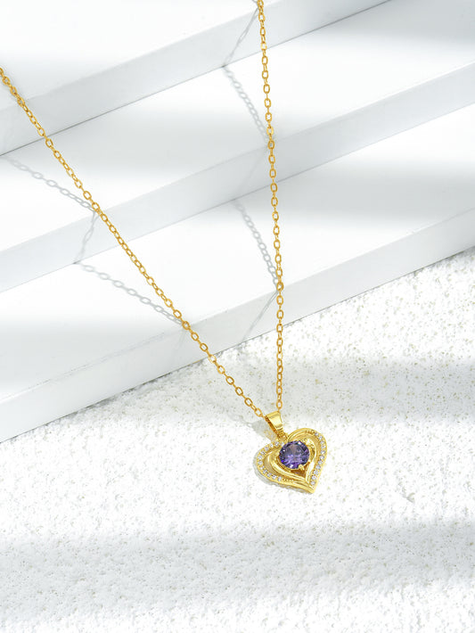 Heart-shaped Amethyst Zircon Crystals Gold Tone Pendant Necklace