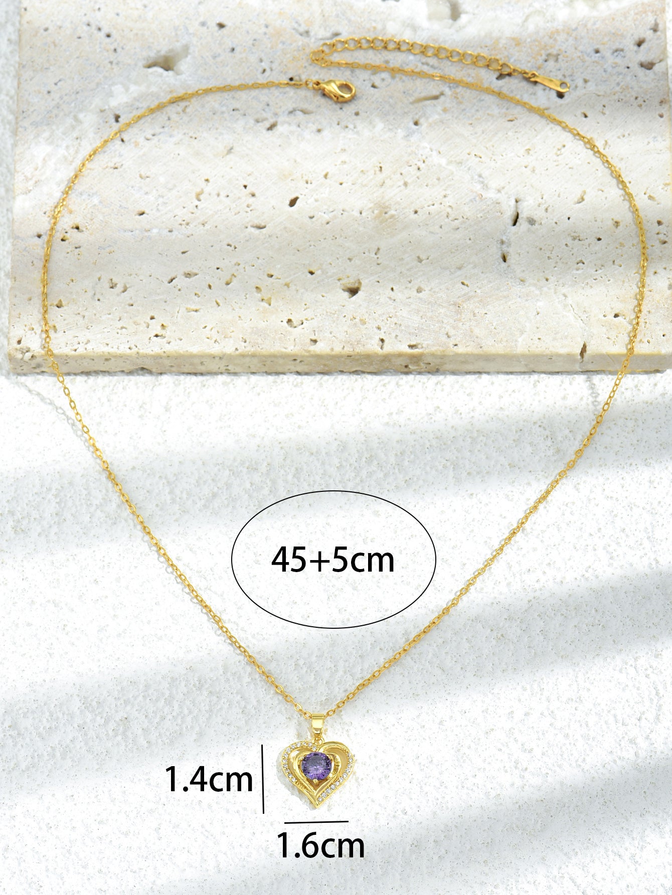 Heart-shaped Amethyst Zircon Crystals Gold Tone Pendant Necklace