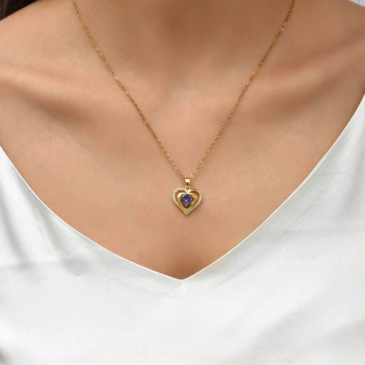 Heart-shaped Amethyst Zircon Crystals Gold Tone Pendant Necklace