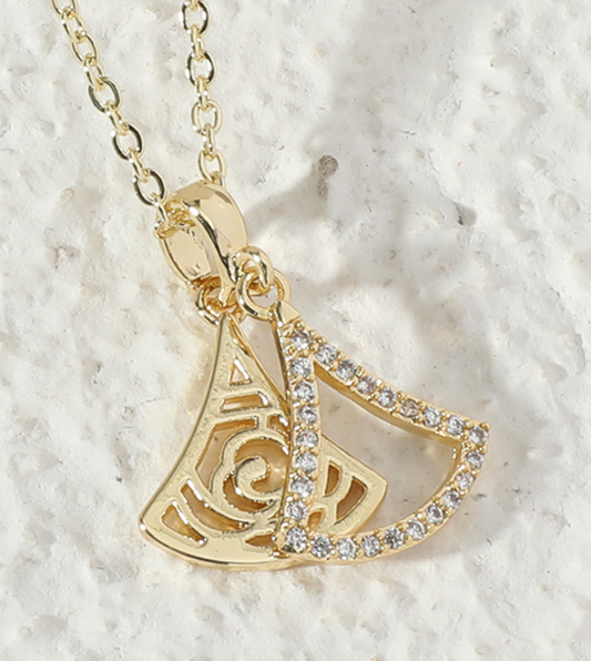 Double Fan-Shaped Zircon Crystals Gold Tone Pendant Necklace