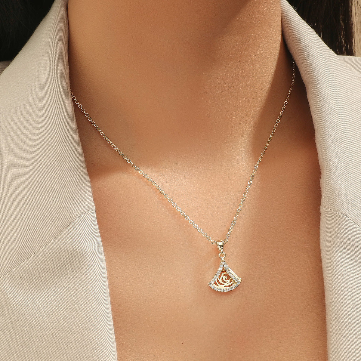 Double Fan-Shaped Zircon Crystals Gold Tone Pendant Necklace
