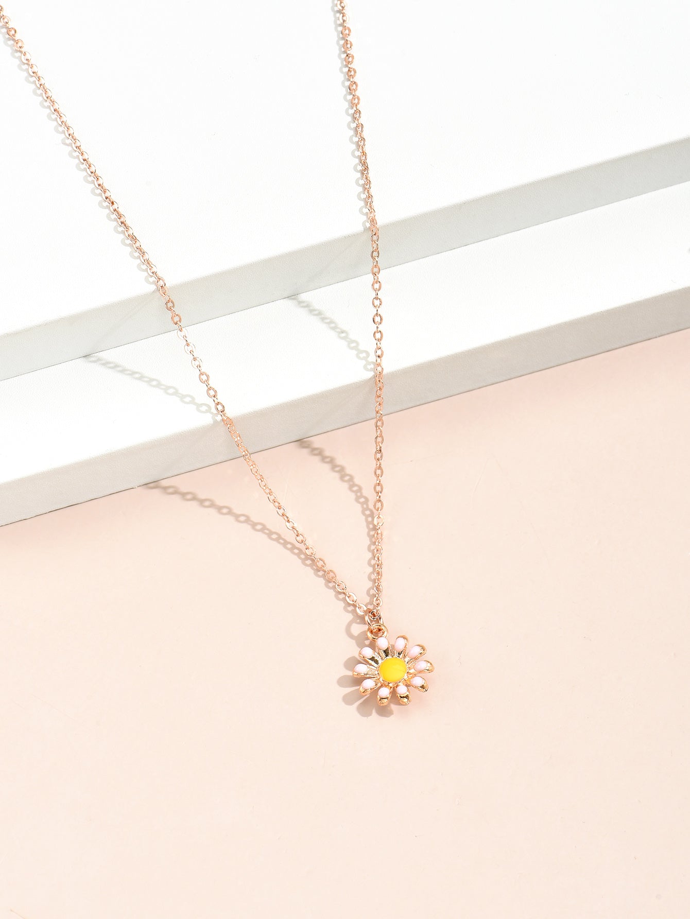 Yellow Daisy Flower Rosegold Tone Pendant Necklace