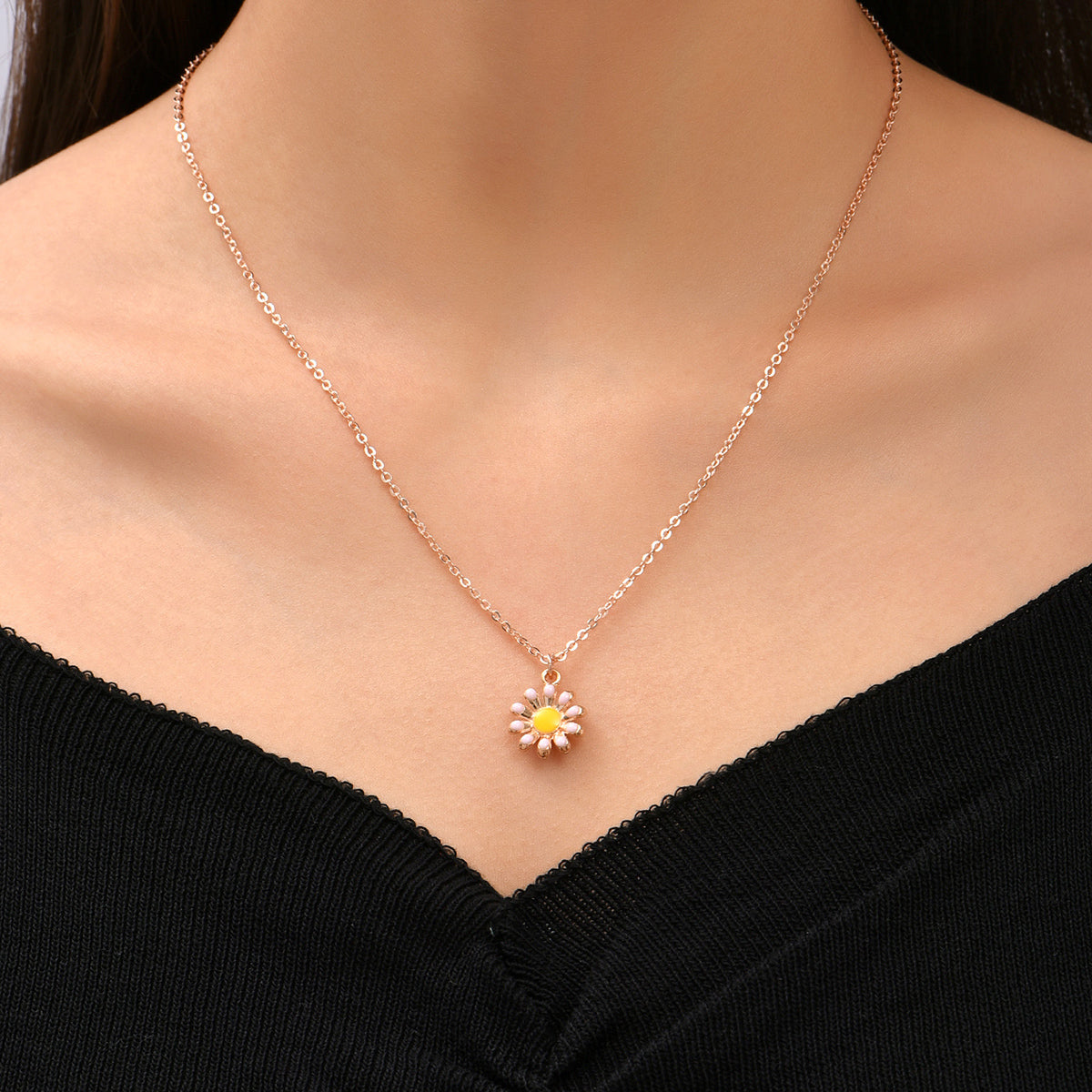Yellow Daisy Flower Rosegold Tone Pendant Necklace