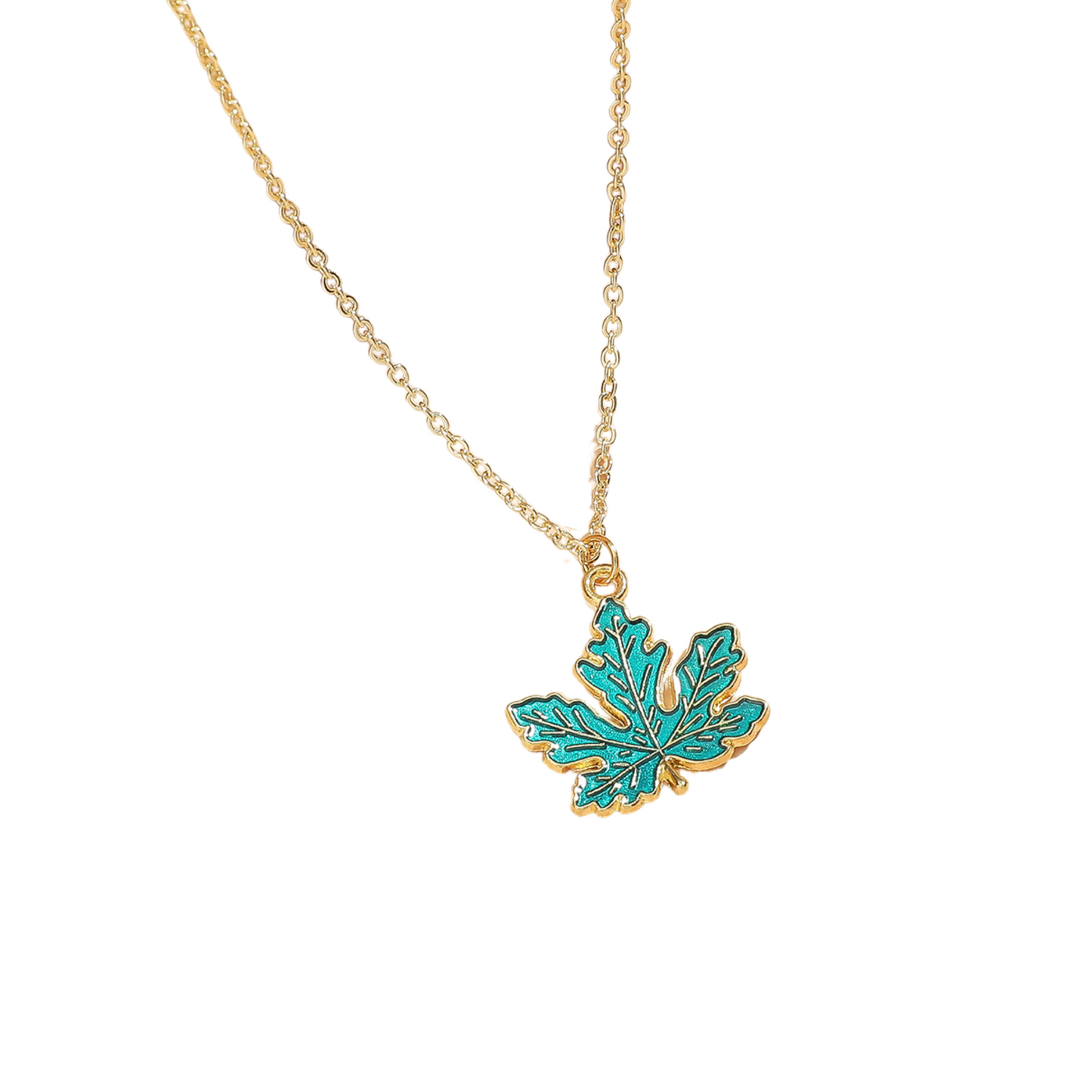 Blue Maple Leaf Enamel Gold Tone Pendant Necklace