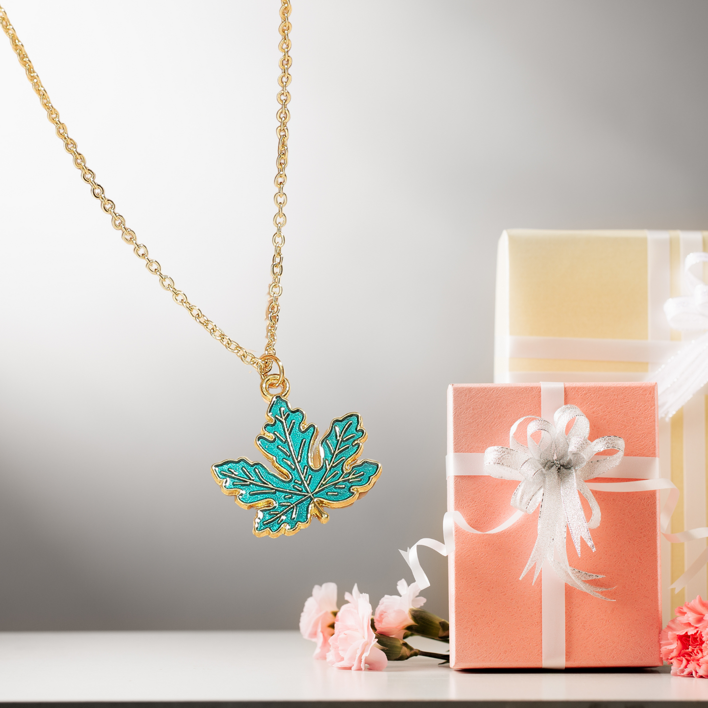 Blue Maple Leaf Enamel Gold Tone Pendant Necklace