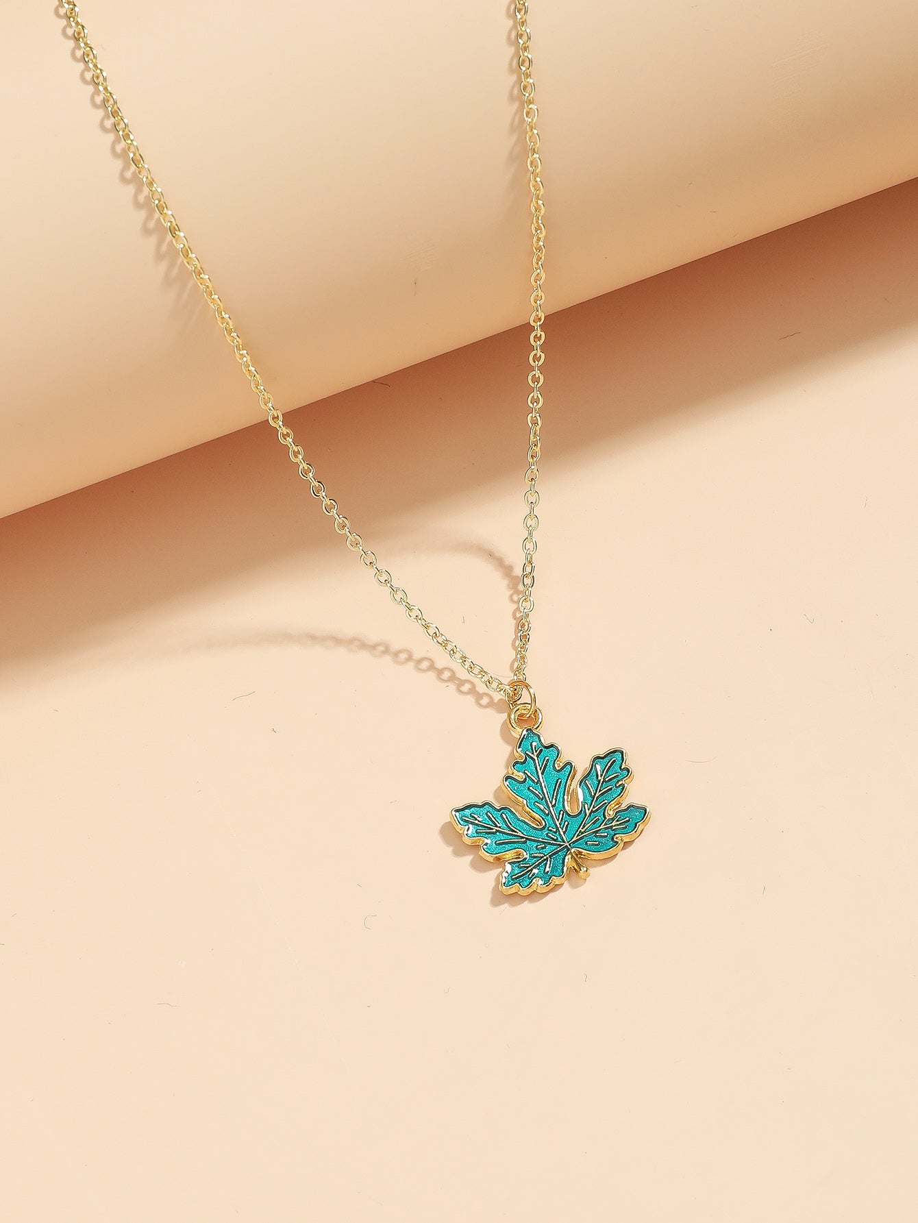 Blue Maple Leaf Enamel Gold Tone Pendant Necklace