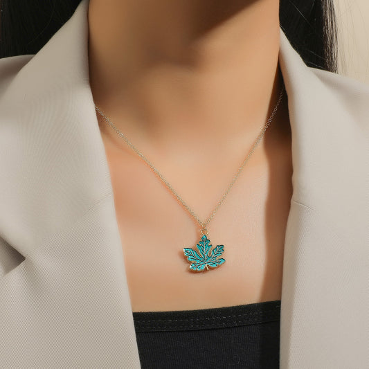Blue Maple Leaf Enamel Gold Tone Pendant Necklace