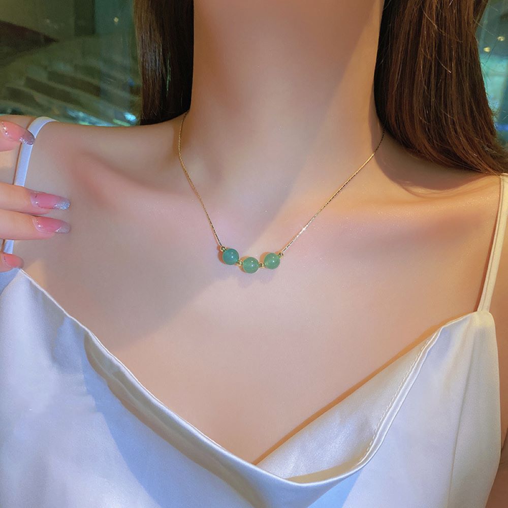 Three Jade Beads Gold Tone Pendant Necklace