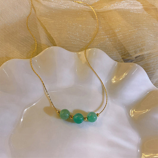 Three Jade Beads Gold Tone Pendant Necklace