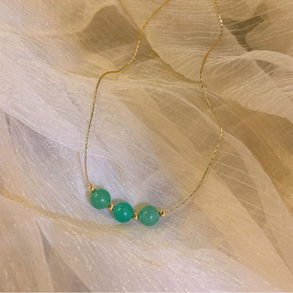 Three Jade Beads Gold Tone Pendant Necklace