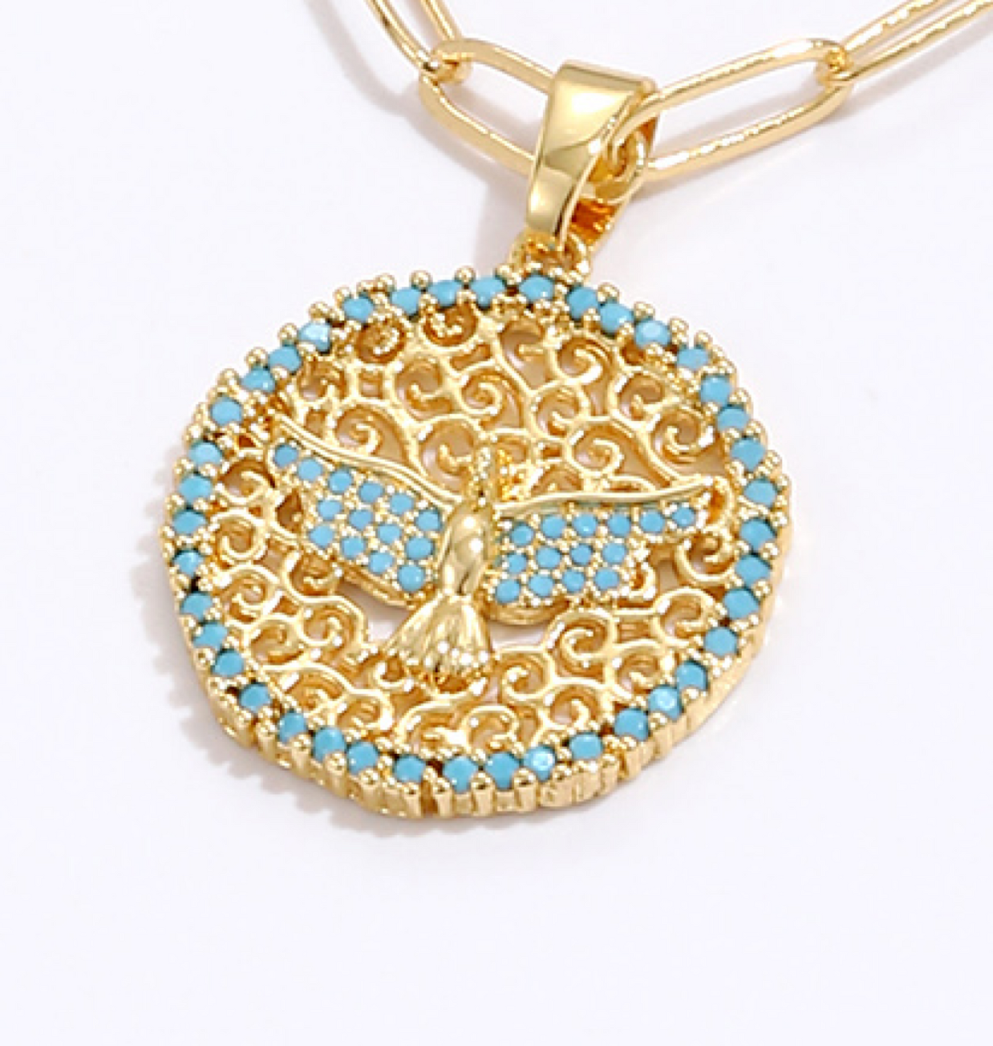 Blue Bird Wings Gold Tone Pendant Necklace