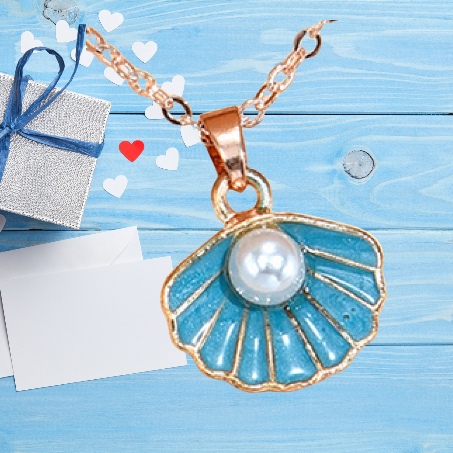 Blue Shell with Pearl Rosegold Tone Pendant Necklace