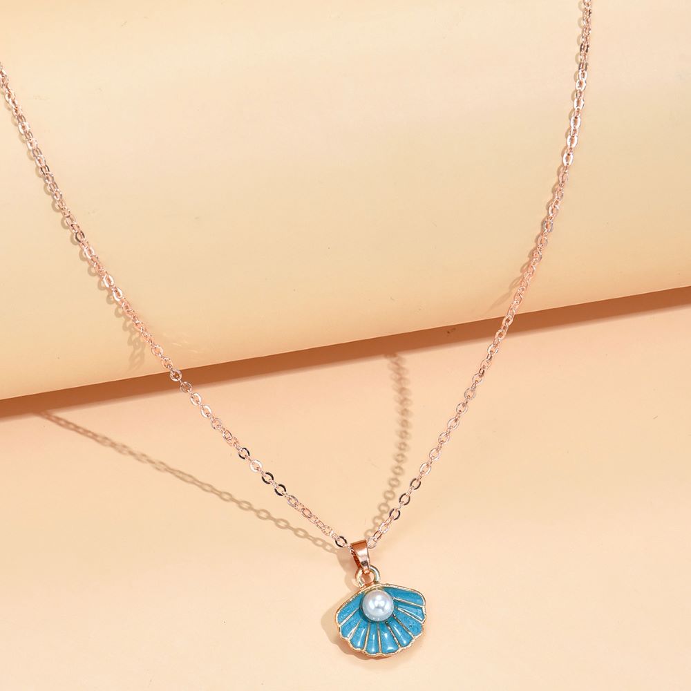 Blue Shell with Pearl Rosegold Tone Pendant Necklace