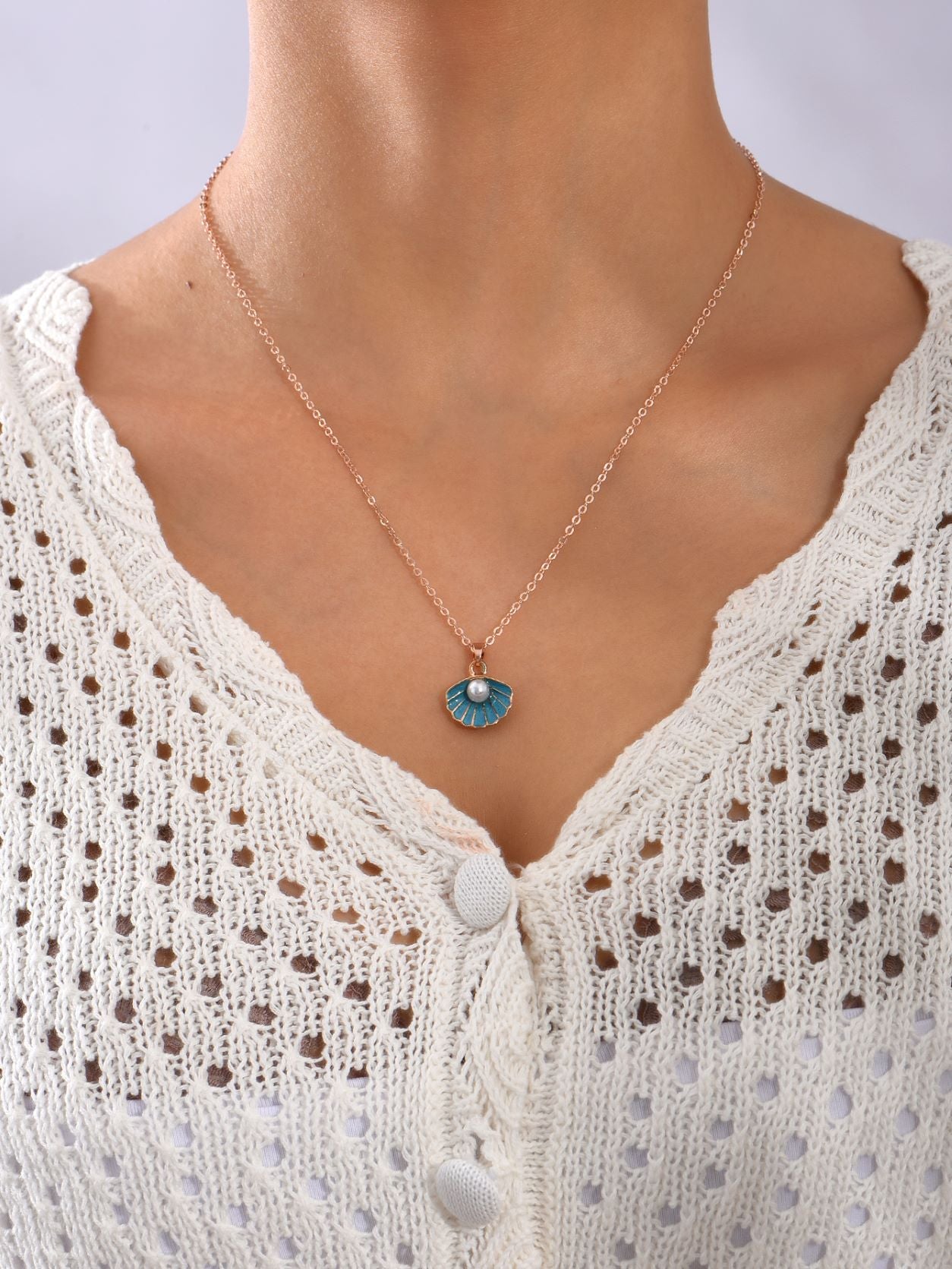 Blue Shell with Pearl Rosegold Tone Pendant Necklace