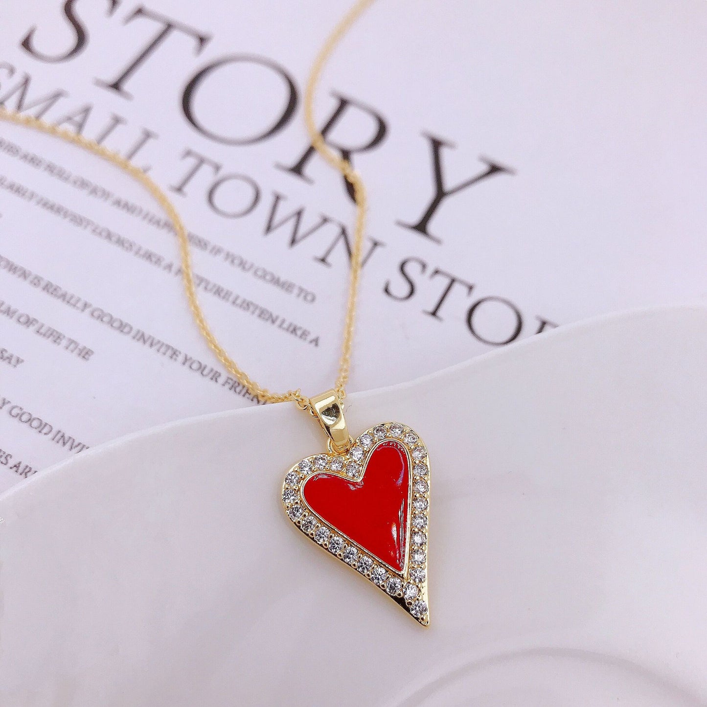 Red Acrylic Heart Zircon Crystals Gold Tone Pendant Necklace