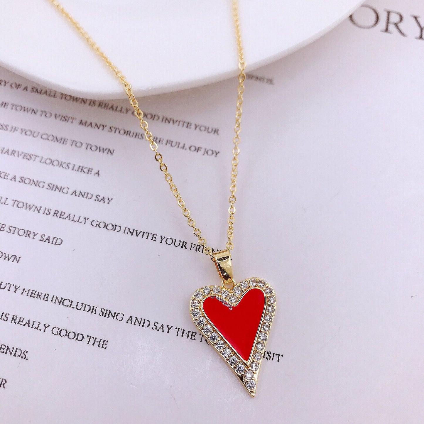 Red Acrylic Heart Zircon Crystals Gold Tone Pendant Necklace