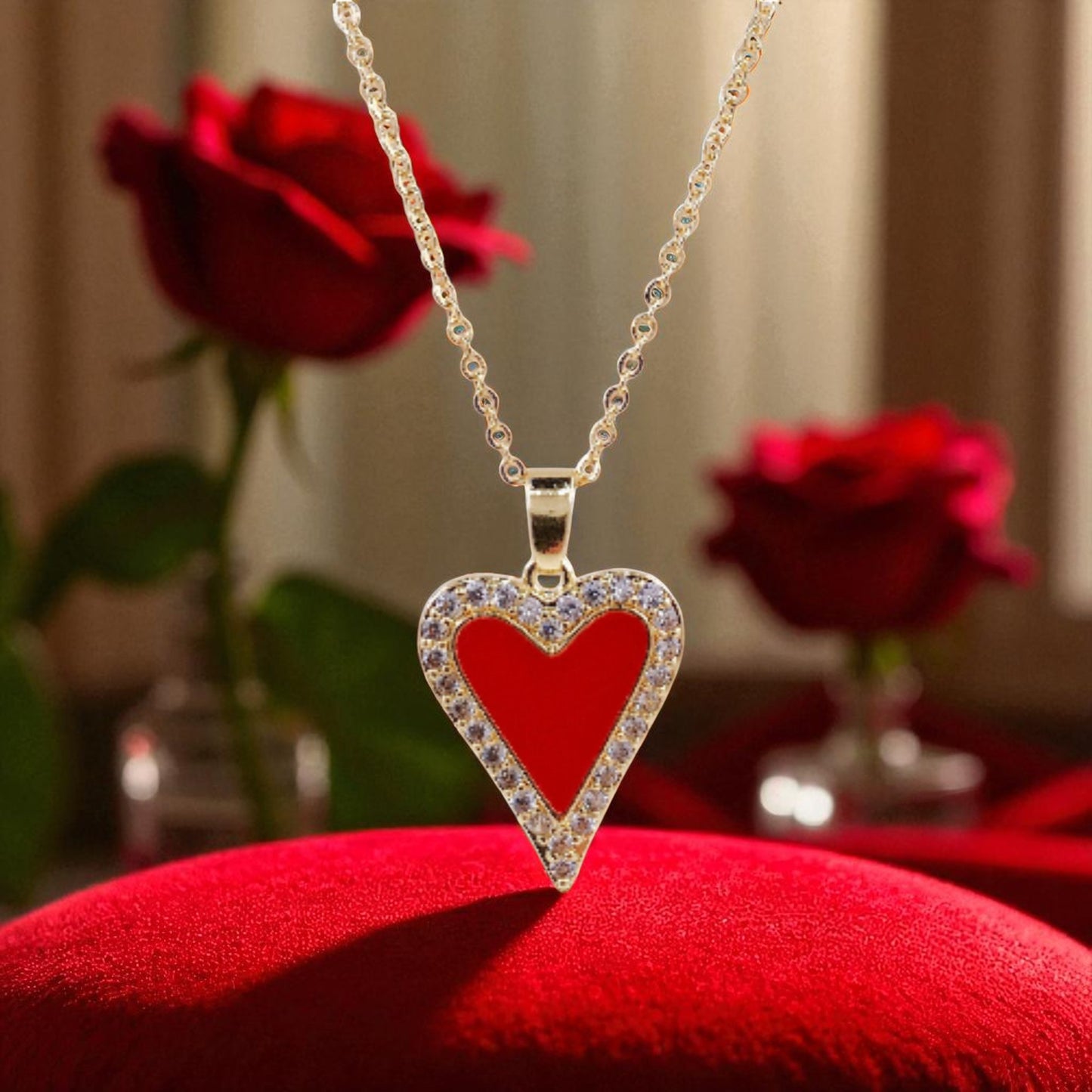 Red Acrylic Heart Zircon Crystals Gold Tone Pendant Necklace
