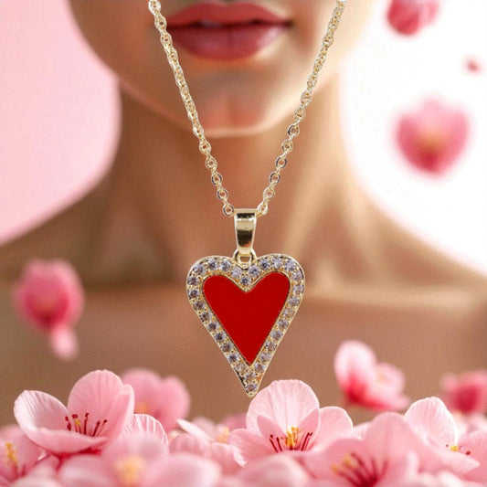 Red Acrylic Heart Zircon Crystals Gold Tone Pendant Necklace