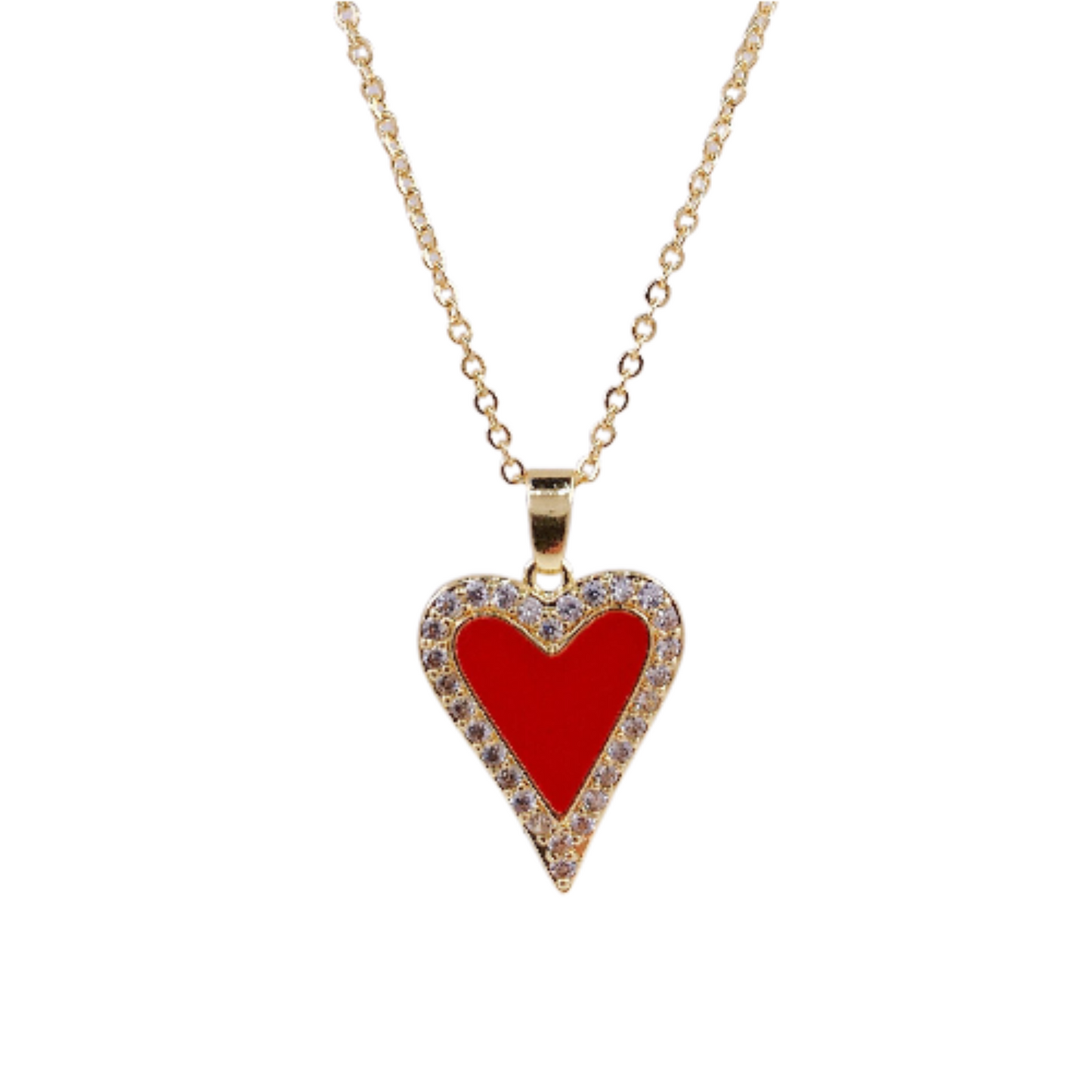 Red Acrylic Heart Zircon Crystals Gold Tone Pendant Necklace
