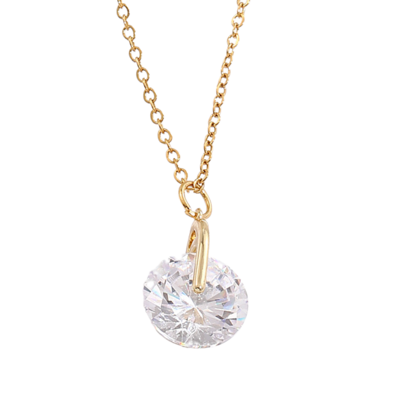 Solitaire Round Clear Zircon Crystal Gold Tone Pendant Necklace
