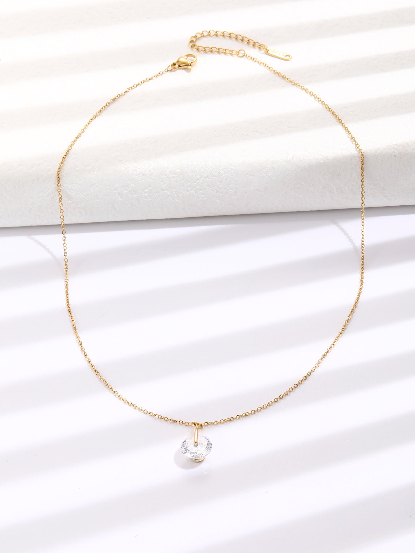 Solitaire Round Clear Zircon Crystal Gold Tone Pendant Necklace
