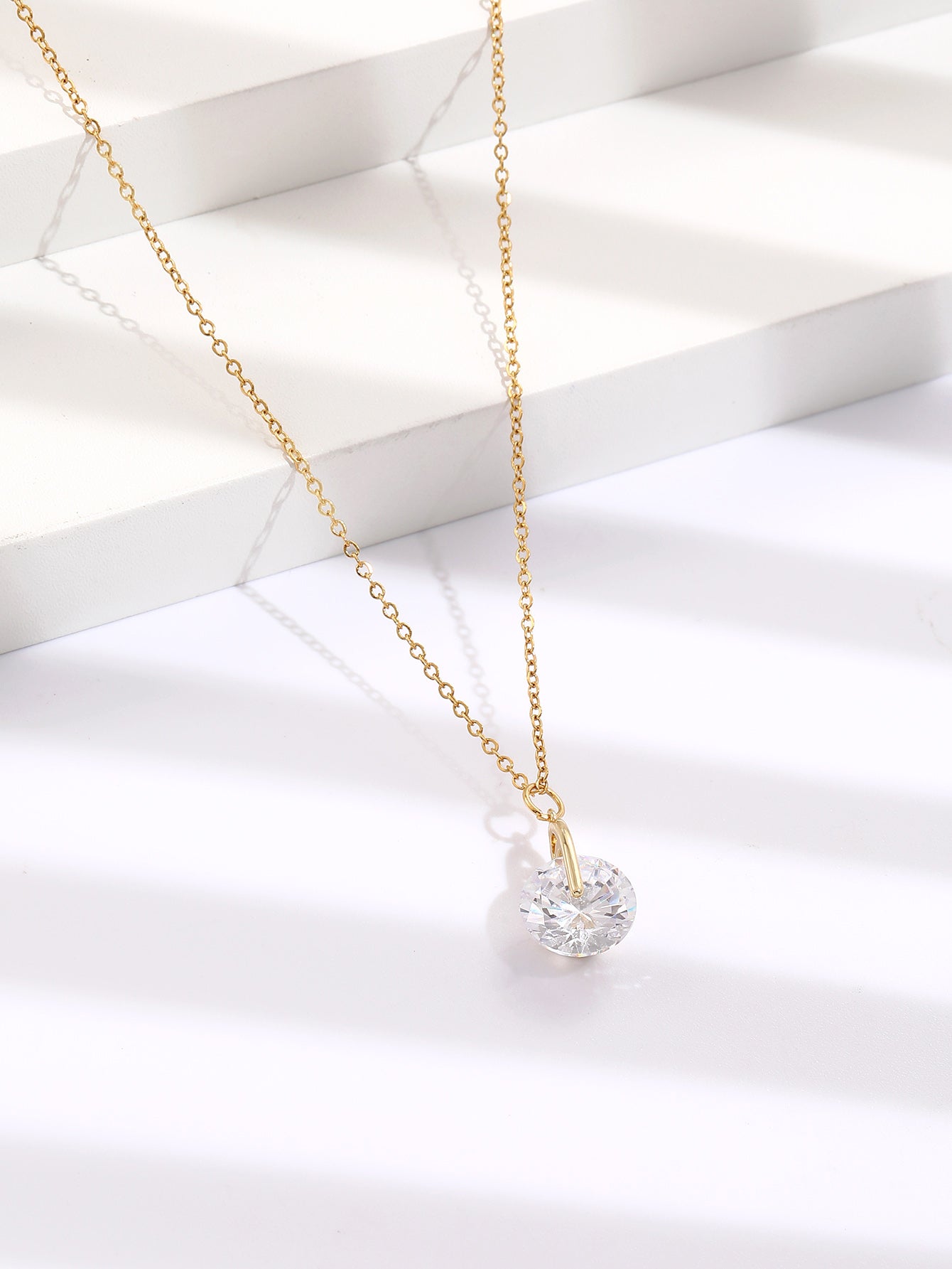 Solitaire Round Clear Zircon Crystal Gold Tone Pendant Necklace