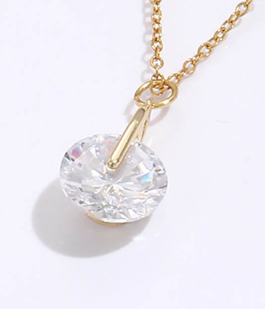 Solitaire Round Clear Zircon Crystal Gold Tone Pendant Necklace