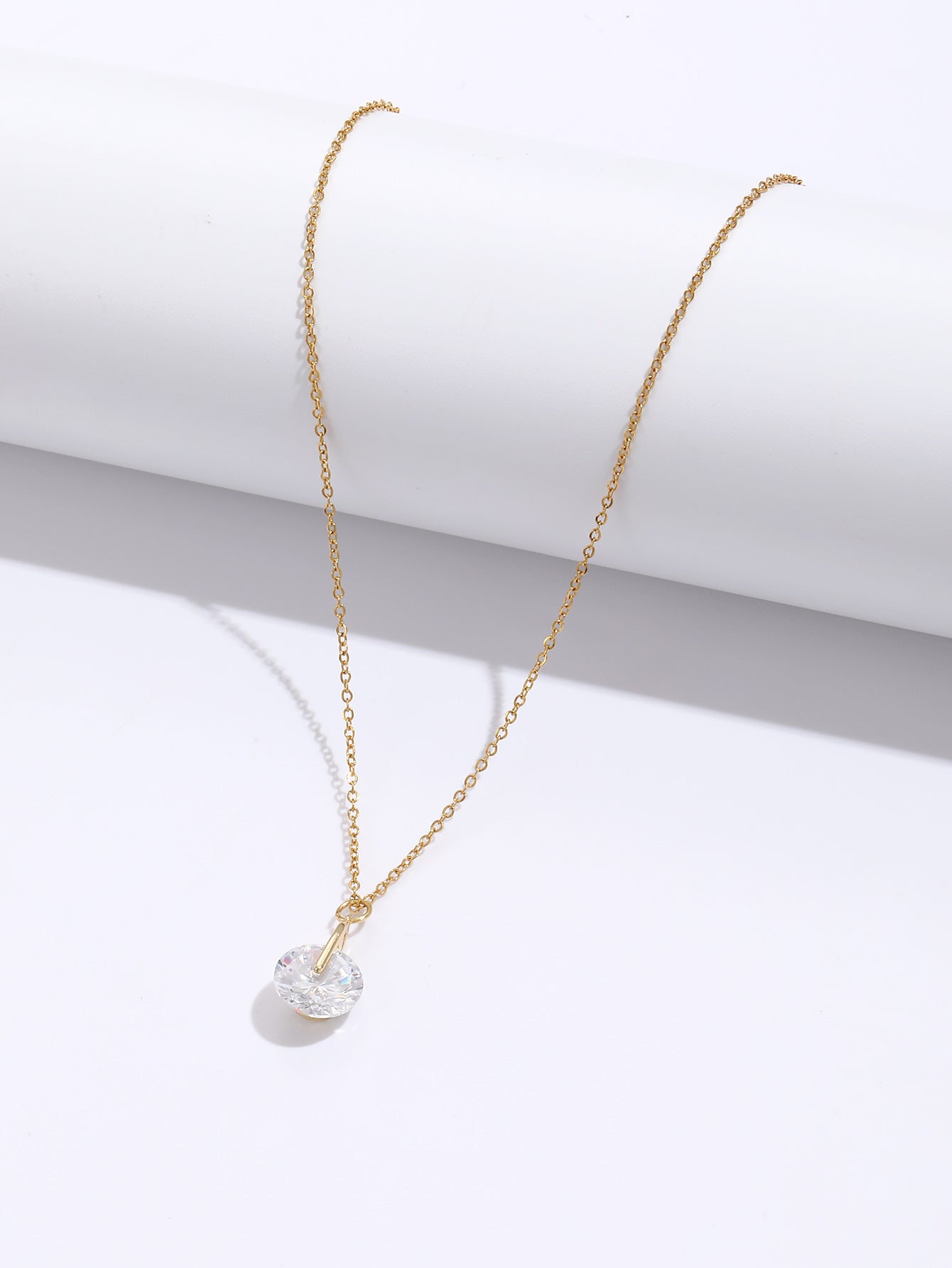 Solitaire Round Clear Zircon Crystal Gold Tone Pendant Necklace