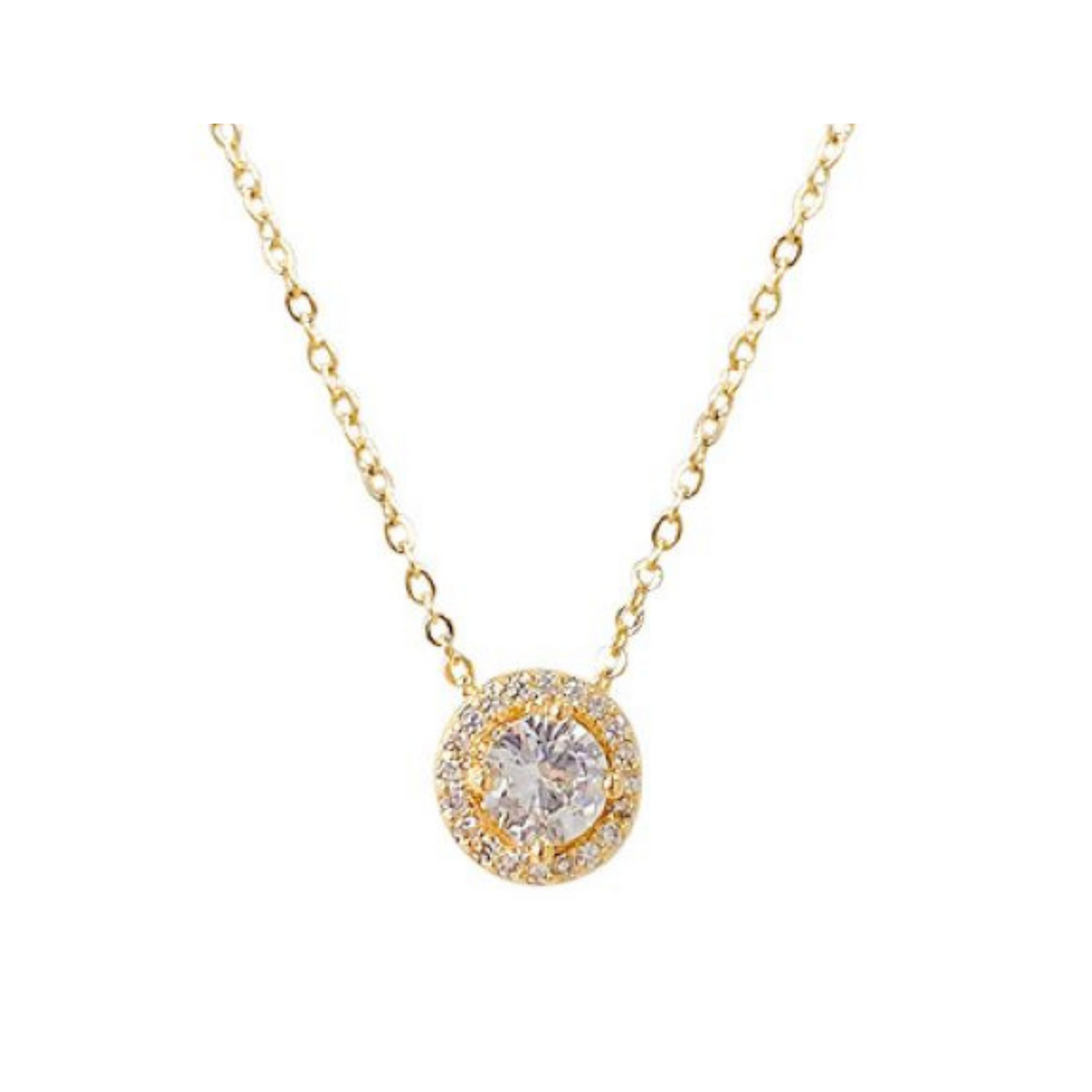 Round Halo Zircon Crystals Gold Tone Pendant Necklace