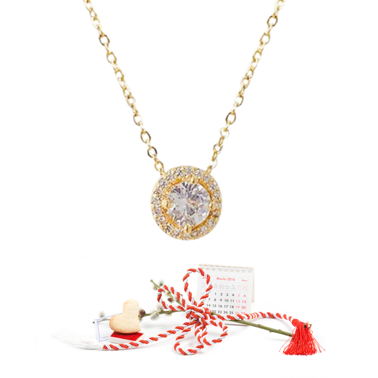Round Halo Zircon Crystals Gold Tone Pendant Necklace