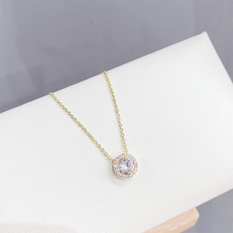 Round Halo Zircon Crystals Gold Tone Pendant Necklace