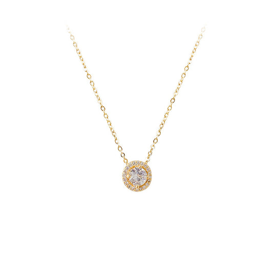 Round Halo Zircon Crystals Gold Tone Pendant Necklace